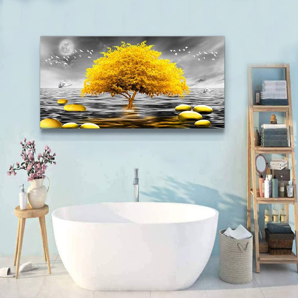 MHARTK66 Wall Decorations For Living Room Canvas Wall Art For Bedroom Abstract Wall Decor Black And White Canvas Art Yellow Tree Paintings Bathroom Home Decoration Hang Pictures Office Large Artworks
