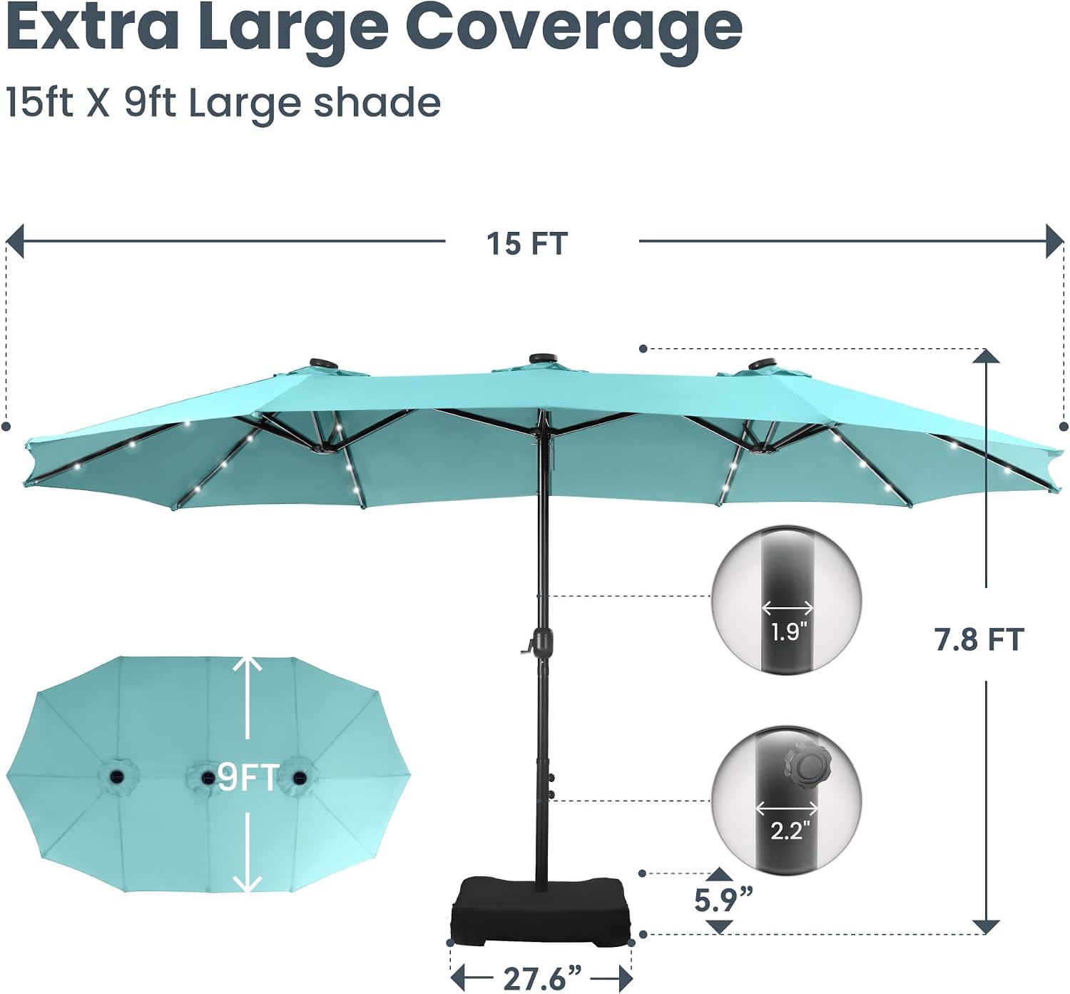PHI VILLA 15ft Large Patio Umbrella with Solar Lights, Double-Sided Outdoor Market Rectangle Umbrellas with 36 LED Lights, Umbrella Base (Stand) Included, Turquois
