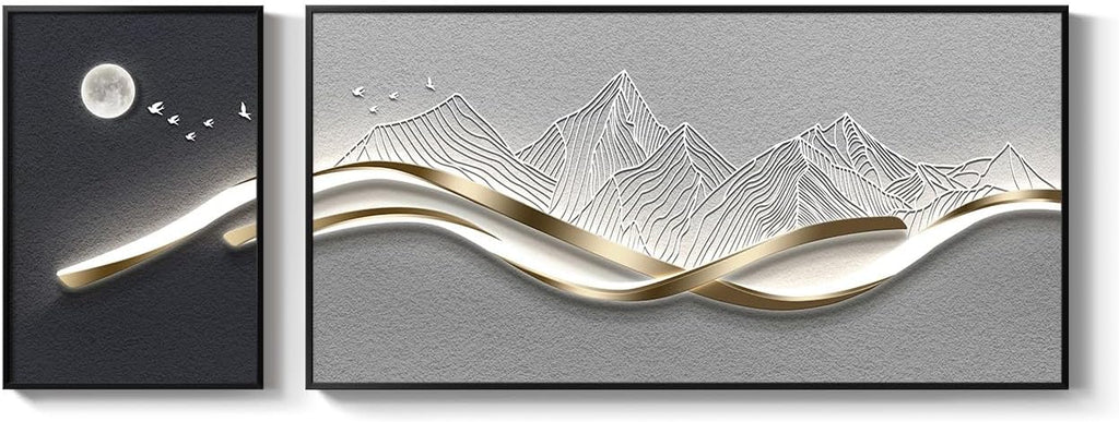 Large Framed Modern Abstract Wall Art for Living Room, 2 Piece Silver Mountain Bright Style Artworks for Wall, Luxury Gray Blue Minimalist Painting Prints for Bedroom Hallway Home Office Wall Decor