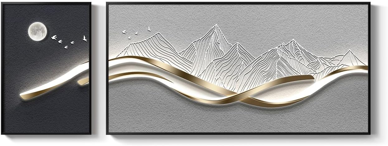 Large Framed Modern Abstract Wall Art for Living Room, 2 Piece Silver Mountain Bright Style Artworks for Wall, Luxury Gray Blue Minimalist Painting Prints for Bedroom Hallway Home Office Wall Decor
