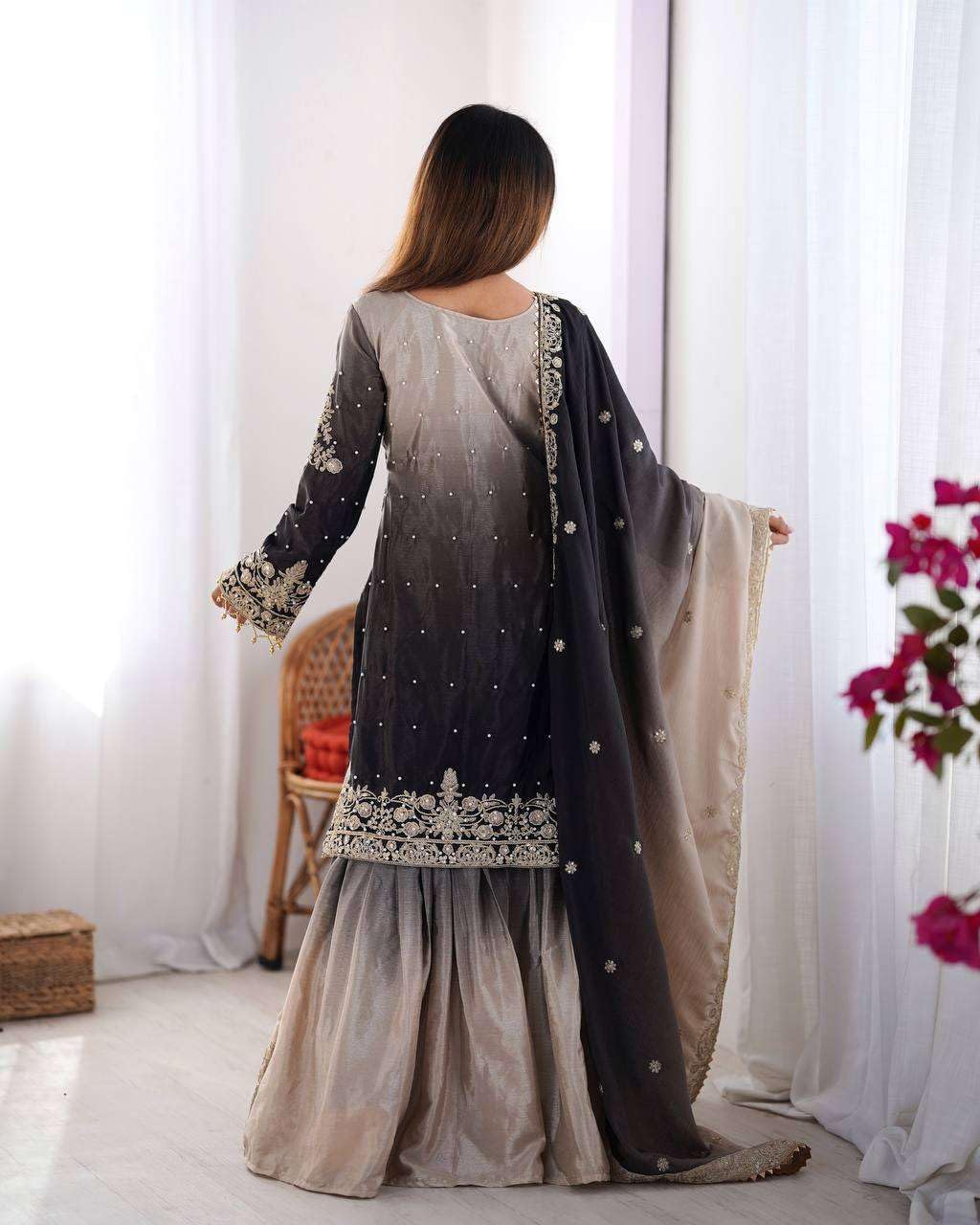 Flora Worlds Women's Chinon Silk Sequence With Rivet Moti Work Straight Kurta With Sharara and Dupatta Set