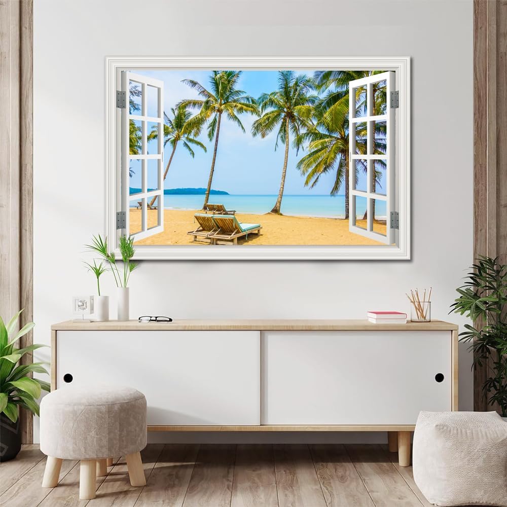 Beach Canvas Wall Art Picture for Living Room White Fake Window Frame Style Blue Tropical Palm Tree Art Print Ocean Wall Painting for Bedroom Extra Large Blue Seascape Theme Coastal Artwork for Home Office Basement Decorations32x48inch