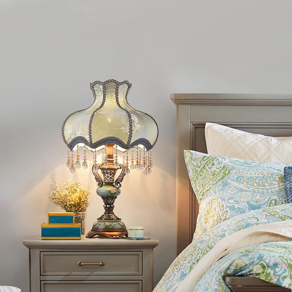 Lovely Table Lamp with Fabric Lampshade, Antique Flower Decorative Bedside Desk Lamp, Crystal Night Light for Bedroom Nightstand, Blue Finish