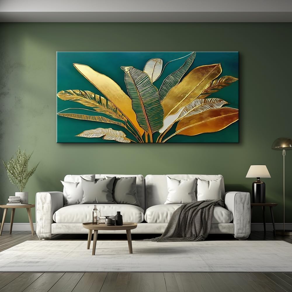 IDAFU Green Leaf Wall Art, Green and Gold Leaves Wall Painting, Emerald Green Tropical Botanical Décor Canvas Prints, Abstract Sage Boho Painting for Office Home Décor, Ready to Hang 60L x 30W
