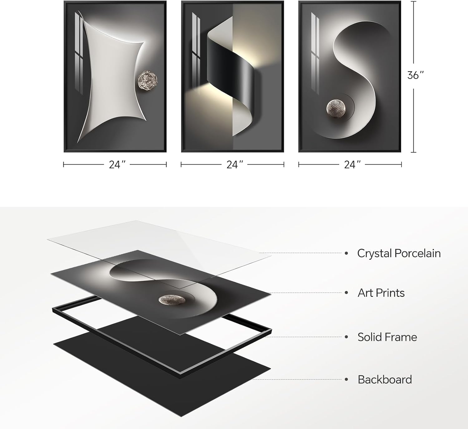Framed Modern Black and White Abstract Wall Art for Living Room, Large 3 Piece Bright Style Silvery Artwork for Walls, Luxury Painting Prints for Dining Room Hallway Office Wall Decor, 24x36 In