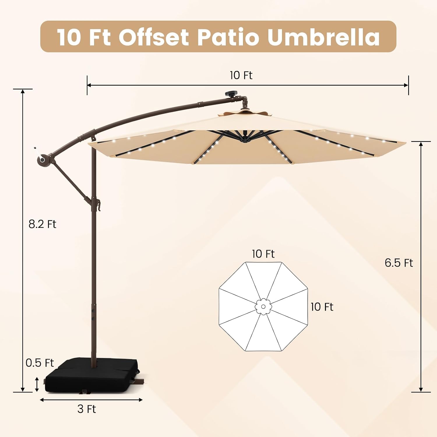 Tangkula 10FT Offset Patio Umbrella with Base Included, Outdoor Cantilever Umbrella with 40 Solar LED Lights, Tilt Adjustment, Crank Handle, Vented Top, Sand Bags for Pool Yard Deck (Beige)