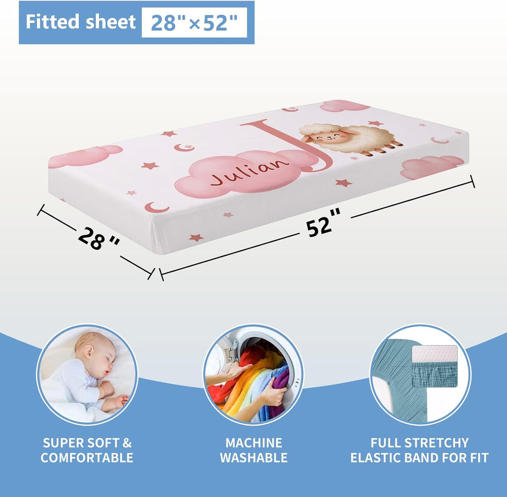KAINSY Custom Crib Bedding Set, 5 Pcs Personalized Name Monogram Baby Crib Sets for Infants Toddlers, Pink Sheep Nursery Bedding Set for Boys Girls, Double Layer Baby Bedding Sets Customized Gifts