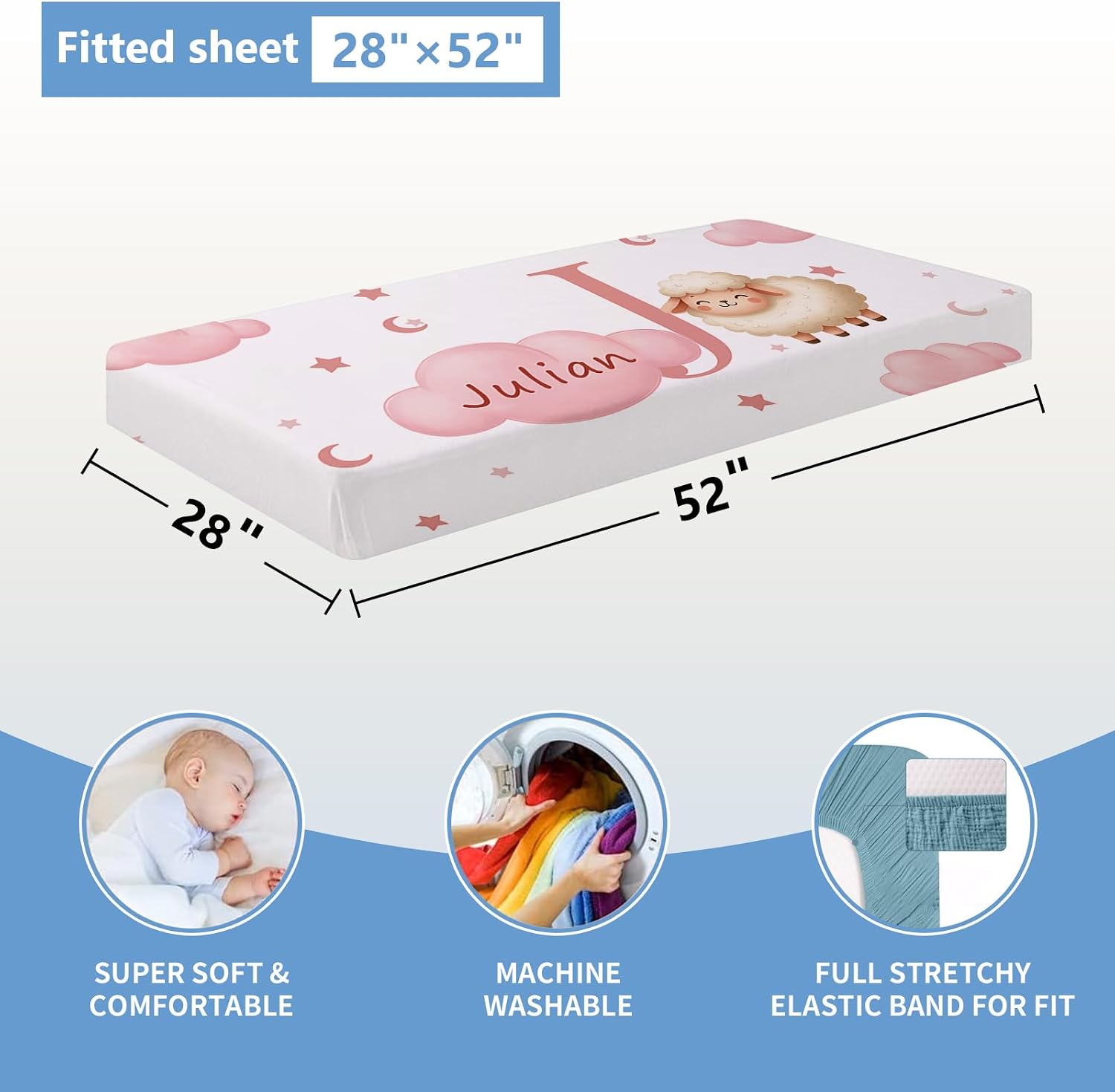 KAINSY Custom Crib Bedding Set, 5 Pcs Personalized Name Monogram Baby Crib Sets for Infants Toddlers, Pink Sheep Nursery Bedding Set for Boys Girls, Double Layer Baby Bedding Sets Customized Gifts