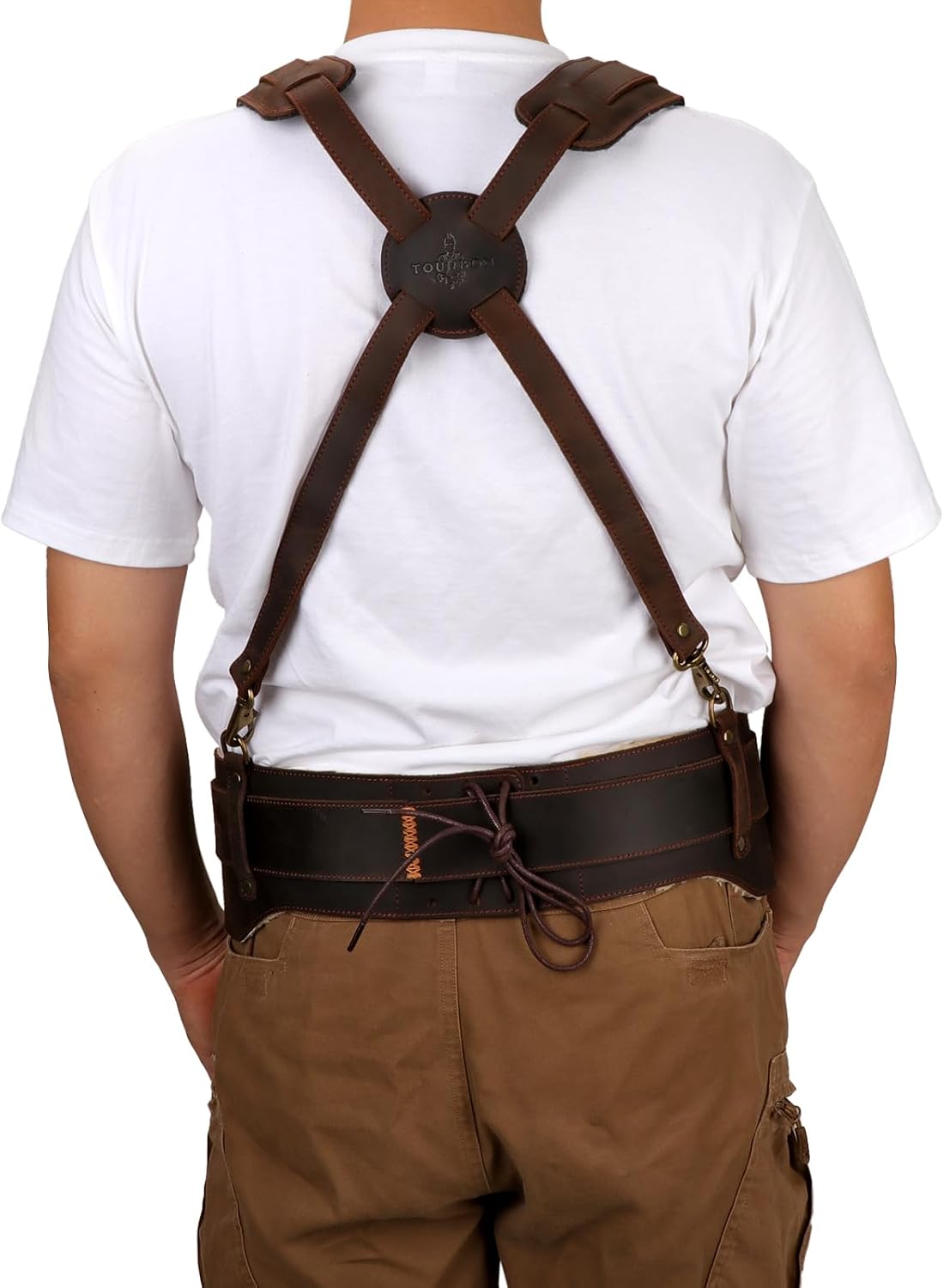 Tourbon Leather Construction Work Tool Belt with Suspenders for Men Faux Fleece Padded Heavy Duty Electrician's Combo Framing Carpenter Belts