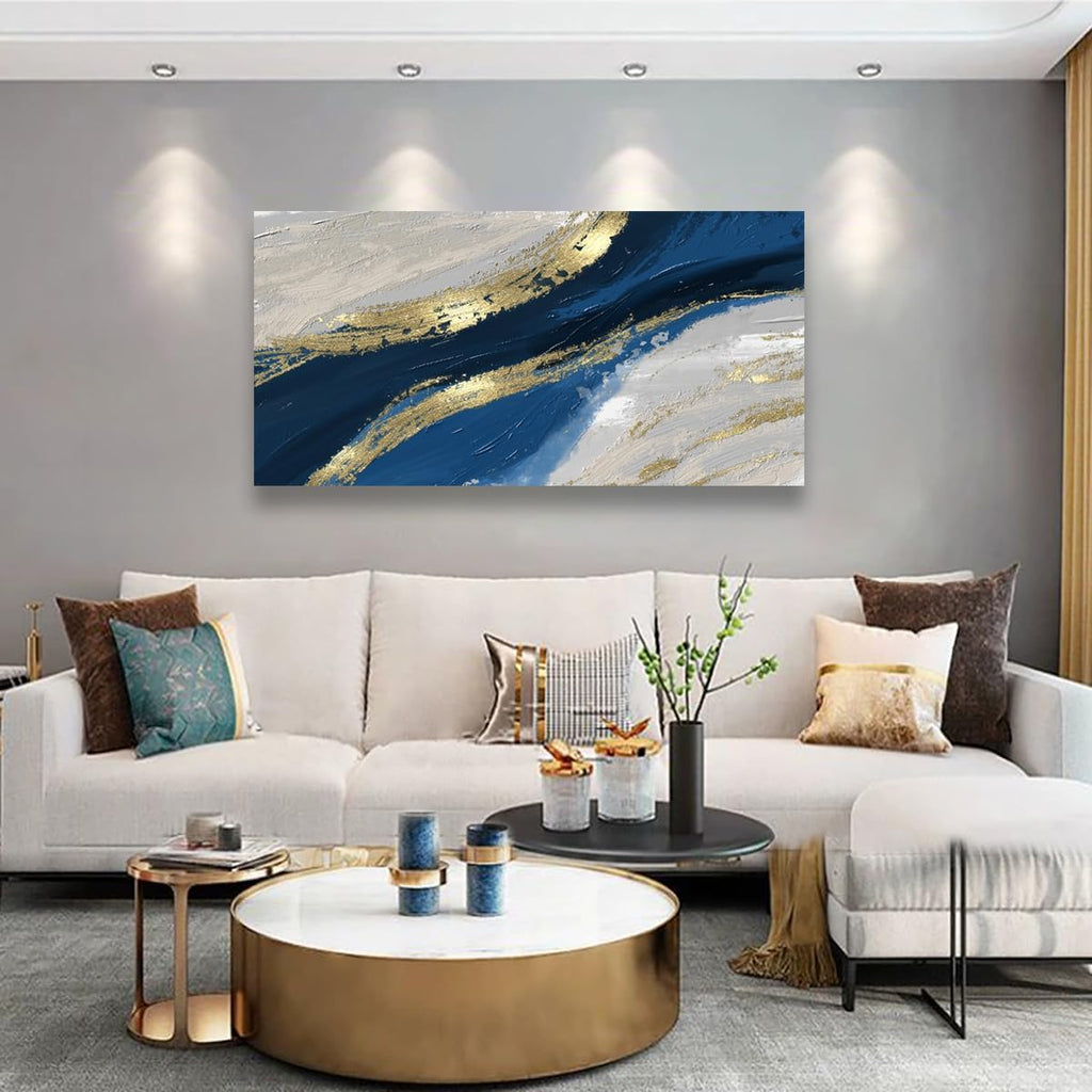 Abstract Canvas Wall Art for Living room Office Bedroom Golden Blue Wall Art Print Oil Paintings Modern Abstract River Texture Pictures Wall Decor Artwork Waterproof Ready to Hang - 70in * 35inch