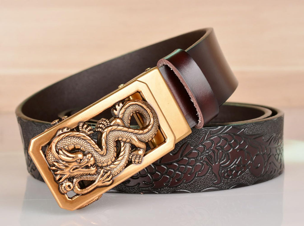 Mens Ratchet Leather Belt, Genuine Leather belts, Engraved Vintage Dragon Eagle Tiger Buckle, Business leisure belt