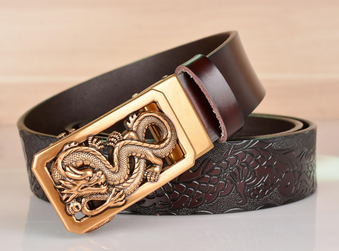 Mens Ratchet Leather Belt, Genuine Leather belts, Engraved Vintage Dragon Eagle Tiger Buckle, Business leisure belt