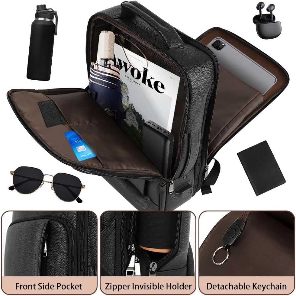 Full Grain Genuine Leather Backpack for Men Multi-Functional 15.6' Laptop Backpack with USB Charging, Black Convertible Business Travel Backpack Work Rucksack Daypack