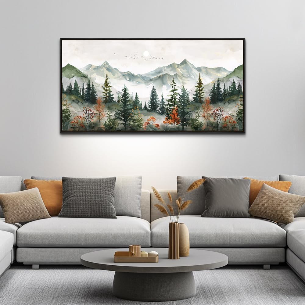 ZUITINGHUA Large Black Framed Wall Decor For Living Room Canvas Wall Art For Office Wall Decorations For Bedroom Forest Mountain Landscape Painting Modern Pictures Artwork Home Decor 24x48 In
