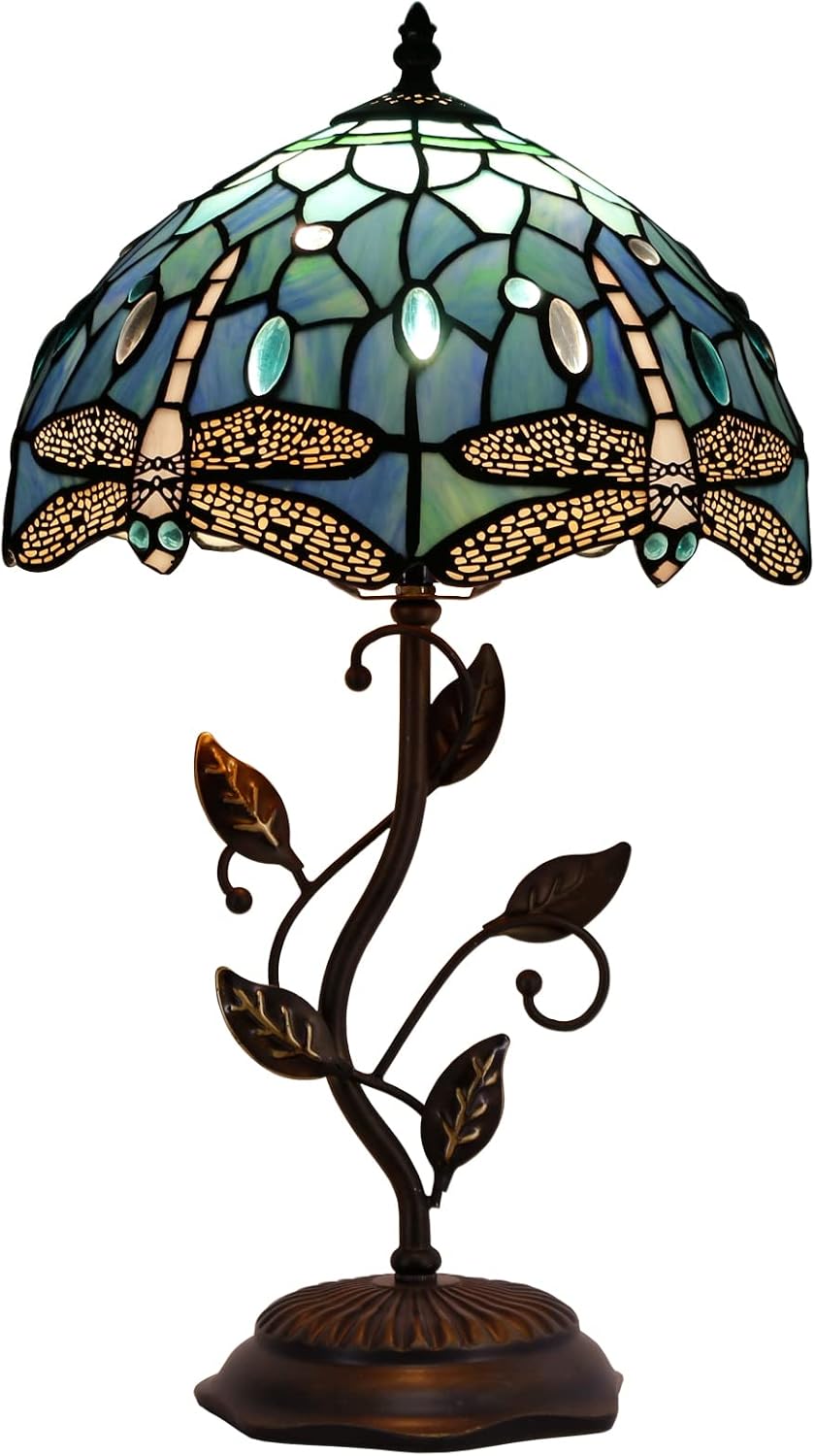Tiffany Lamp Blue Dragonfly Style Stained Glass Table Lamp Desk Bedside Reading Light 12X12X19 Inches with Metal Leaf Base Decor Bedroom Living Room