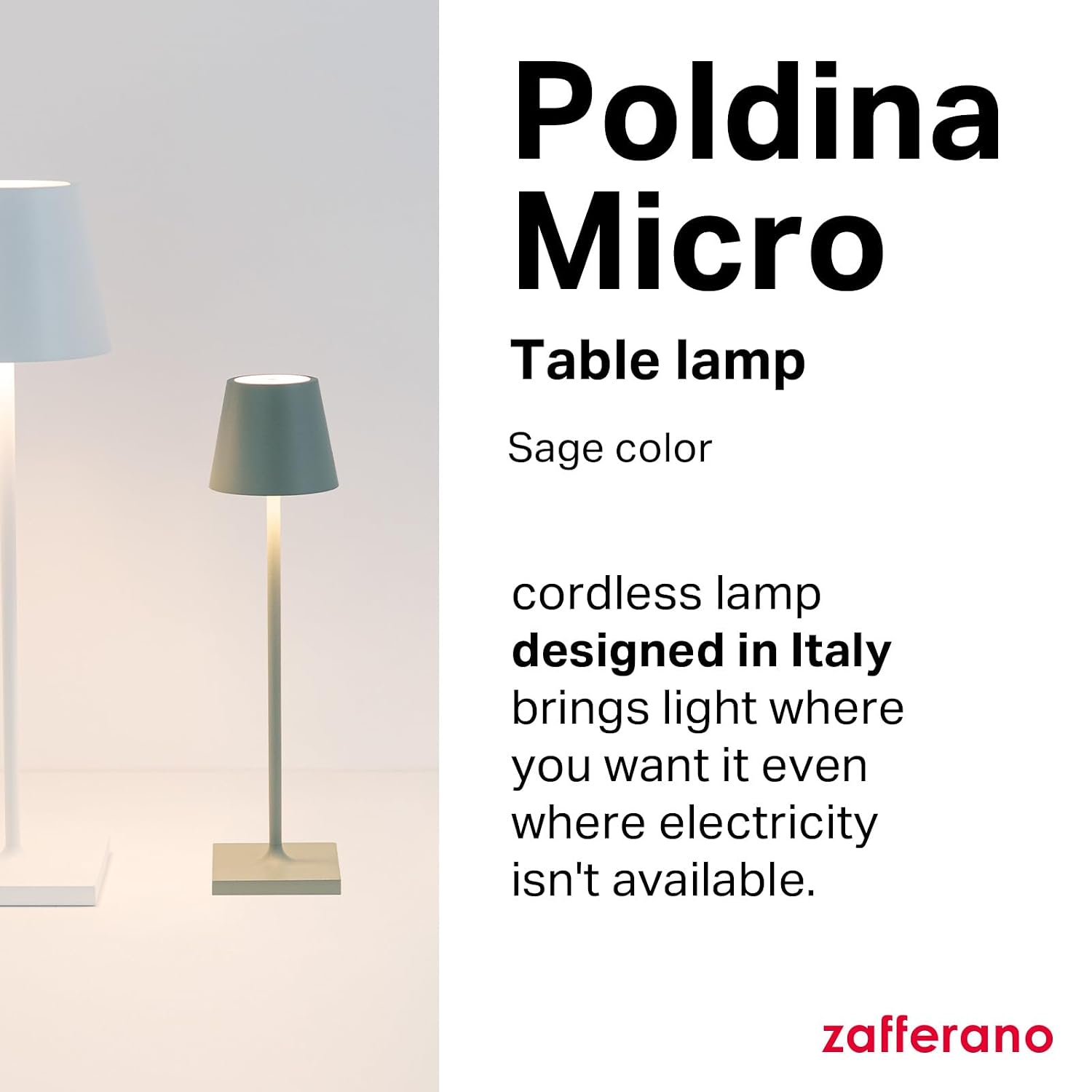 Zafferano, Poldina Micro Lamp, Rechargeable Cordless Table Lamp with Touch Controls, Suitable for Indoor and Outdoor, Dimmer, 2200-3000 K, Height 10.8 Inches, Sage Color
