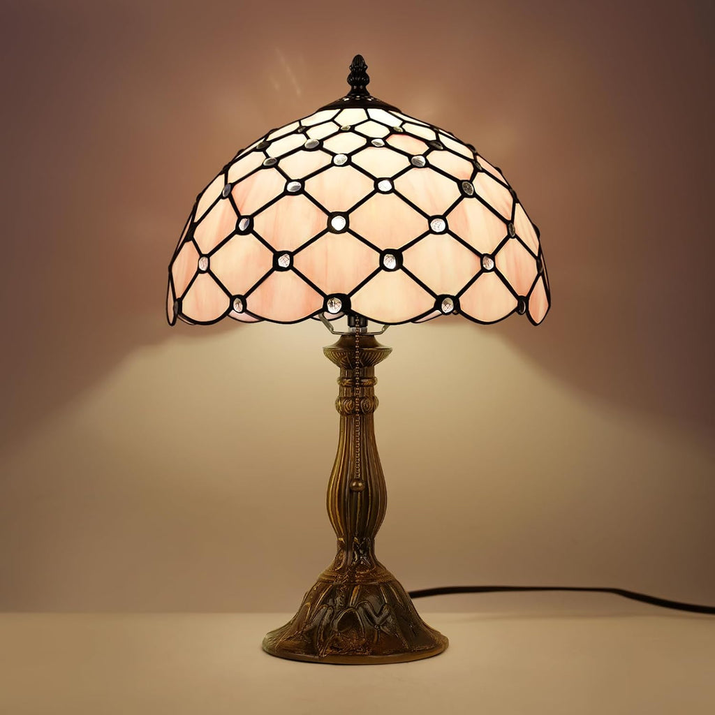 MOAN Lamp Stained Glass Table Lamp 12X12X19 Inch Bedside Reading Light Antique Bronze Base(Pink Pearl Style)