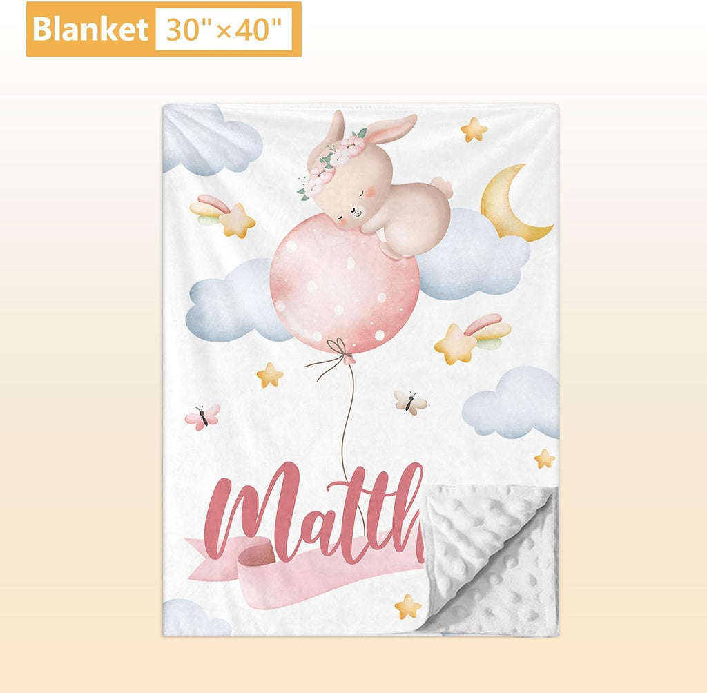 Terwex Personalized Baby Crib Bedding Set, 5 Pcs Custom Name Baby Crib Set with Double Layer Blanket, Soft Balloon Bunny Nursery Bedding Set for Girls Boys, Customized Gifts for Infants Toddlers