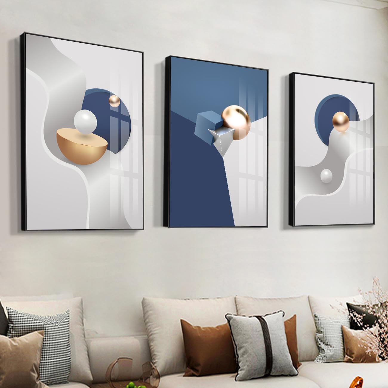 QKF Large Blue Geometry Abstract Wall Art Bright Canvas Decorative Painting Now Home, Bedroom, Living Room Painting Poster Printing Wall Decor 3-piece Set 20' X 28'