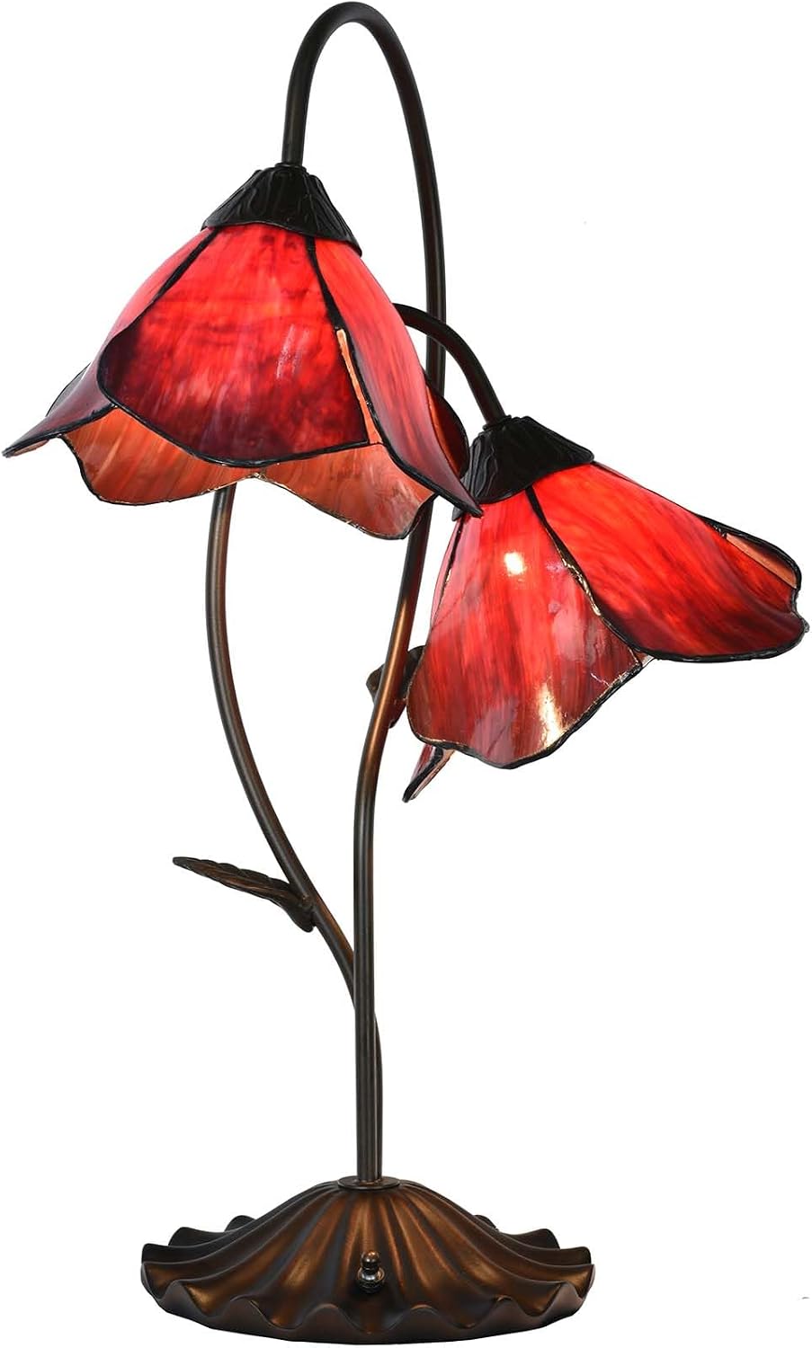 Bieye L12019 Flower Tiffany Style Stained Glass Table Lamp with 8-inch Wide Bent Glass Lampshade Lily Pad Base (Red, 2-Light)
