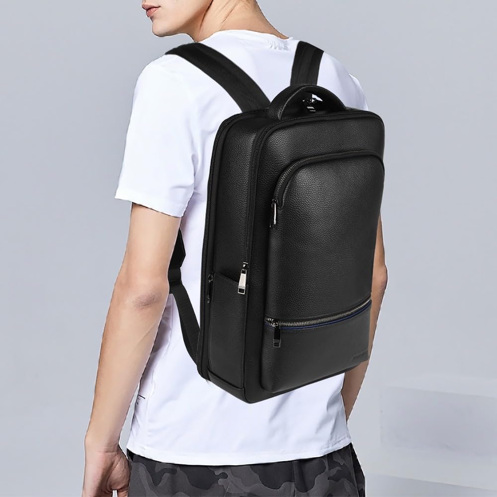Full Grain Genuine Leather Backpack for Men Multi-Functional 15.6' Laptop Backpack with USB Charging, Black Business Travel Backpack Work Rucksack Daypack
