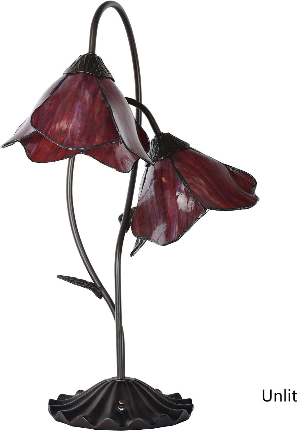 Bieye L12019 Flower Tiffany Style Stained Glass Table Lamp with 8-inch Wide Bent Glass Lampshade Lily Pad Base (Red, 2-Light)