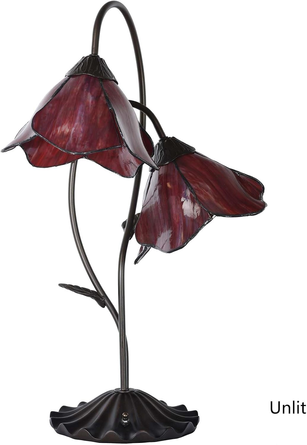 Bieye L12019 Flower Tiffany Style Stained Glass Table Lamp with 8-inch Wide Bent Glass Lampshade Lily Pad Base (Red, 2-Light)