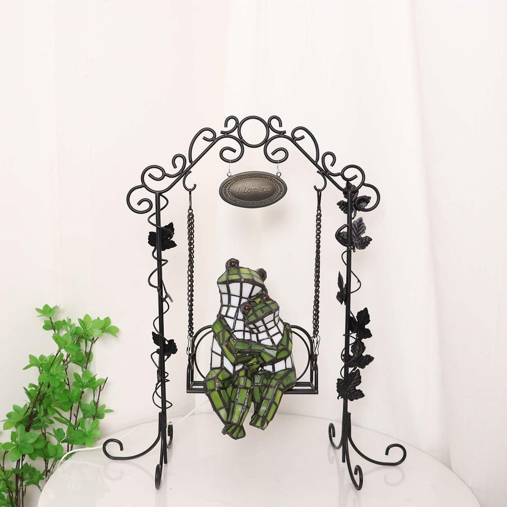 Bieye L12001 Frogs on a Swing Tiffany Style Stained Glass Accent Table Lamp for Home Decor