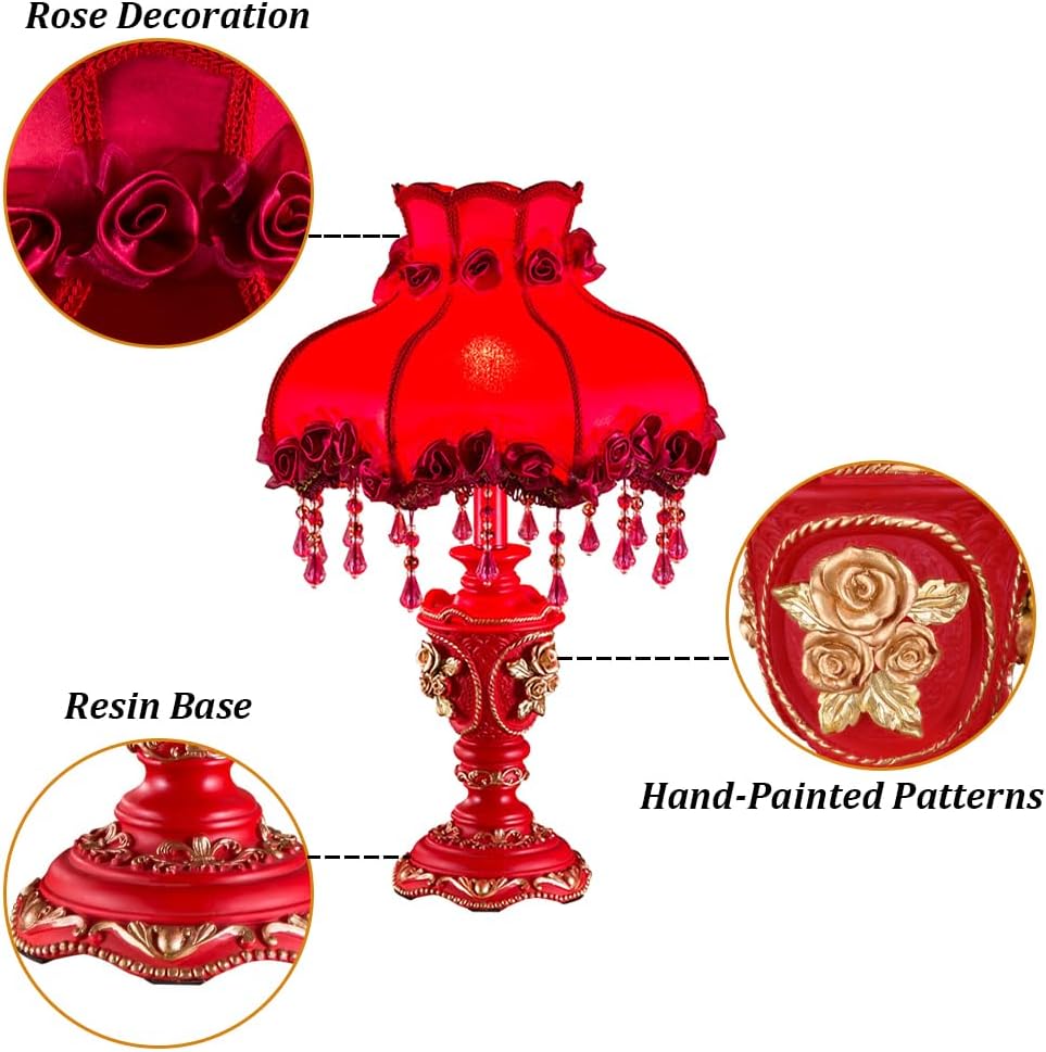 Elegant Table Lamp with Fabric Lampshade, Antique Flower Decorative Bedside Desk Lamp, Rose Decoration Night Light for Bedroom Nightstand
