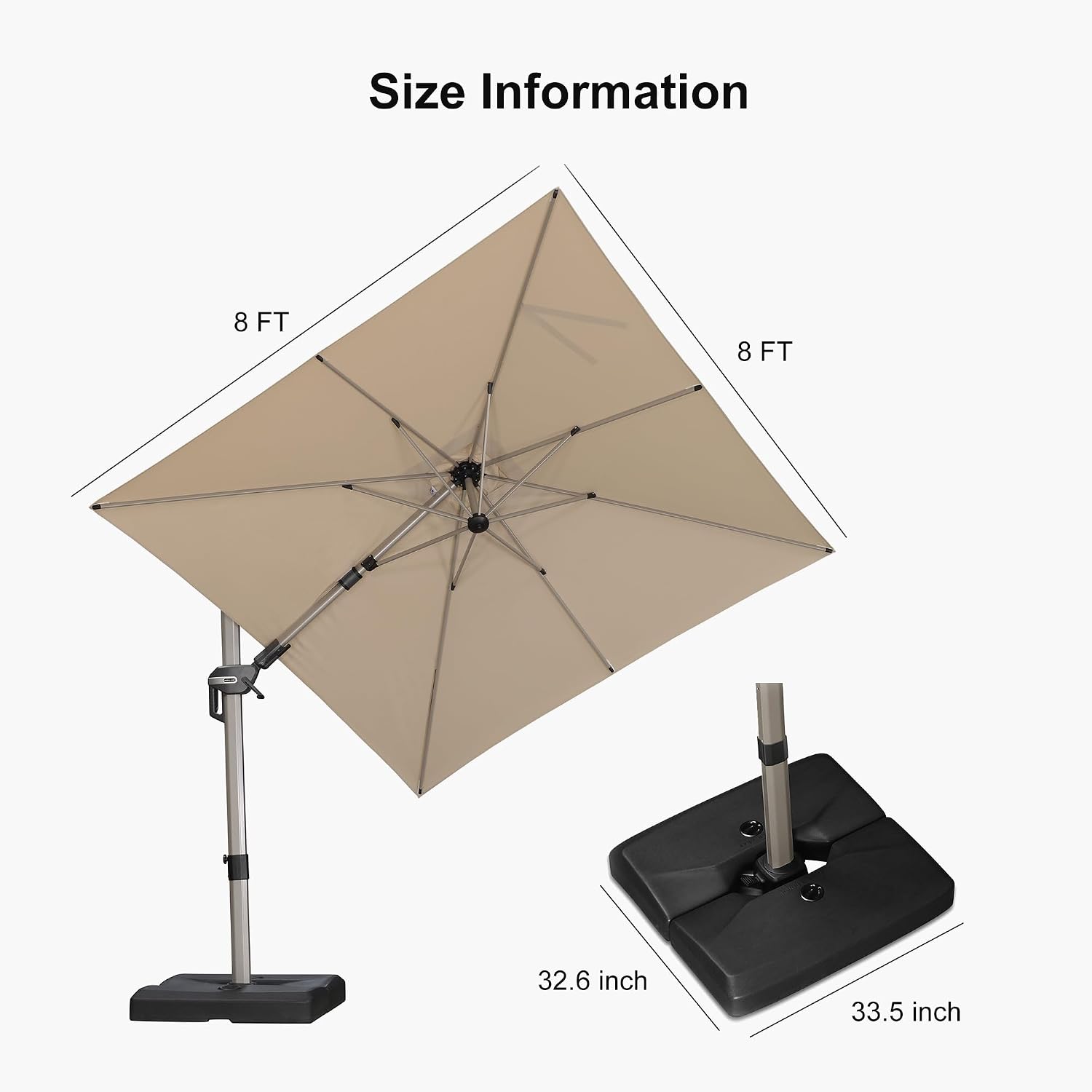 PURPLE LEAF 8' X 8' Left-right Tilting Patio Umbrella with Base Outdoor Swivel Cantilever Offset Aluminum Umbrella with Champagne Frame and 360-degree Rotation for Garden Deck Pool, Beige