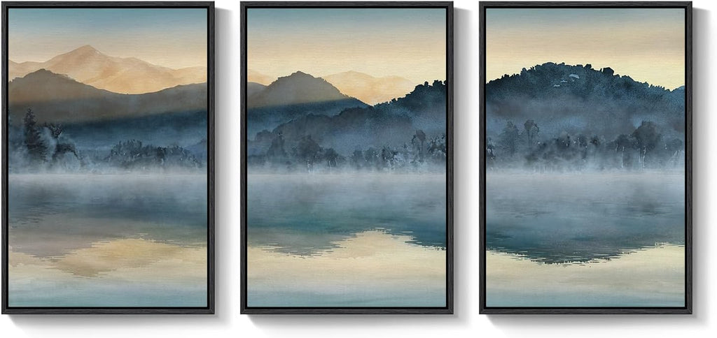 Framed Watercolor Mountain Wall Art for Living Room, Large Lake Nature Landscape Artwork for Walls, 3 Piece Blue Foggy Scenic Aesthetic Canvas Painting Prints for Office Hallway Wall Decor, 24x36 Inch