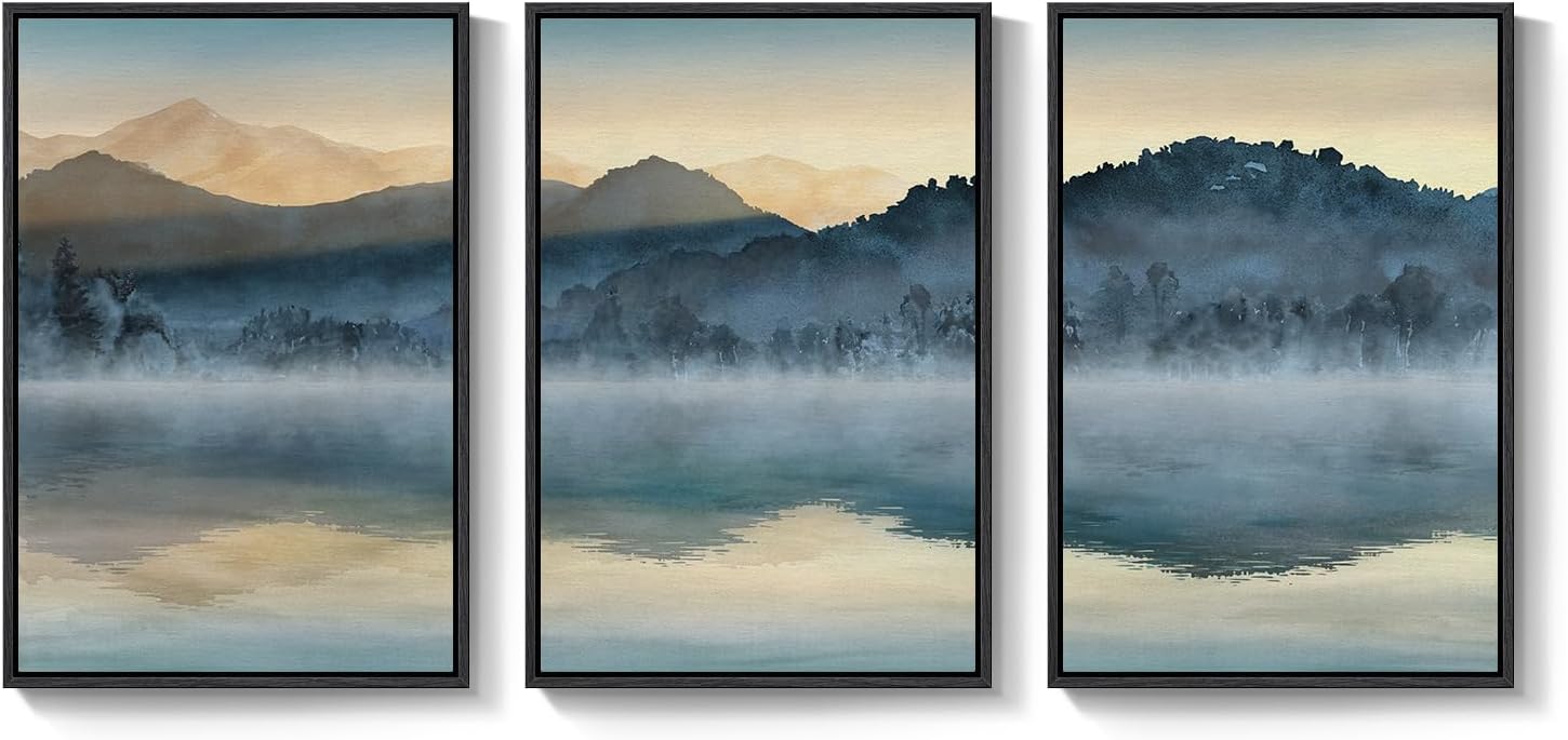 Framed Watercolor Mountain Wall Art for Living Room, Large Lake Nature Landscape Artwork for Walls, 3 Piece Blue Foggy Scenic Aesthetic Canvas Painting Prints for Office Hallway Wall Decor, 24x36 Inch