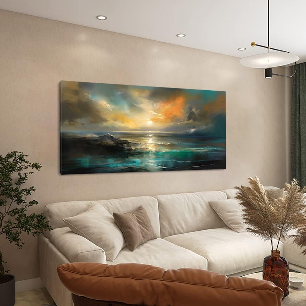 Lasdel Ocean Sunset Landscape Canvas Wall Art for Living Room Bedroom Home Decoration, Beautiful Nature Scenery Oil Painting Print Picture Decor Artwork, Gallery Wrapped Gift Inner Frame 28x58 Inches