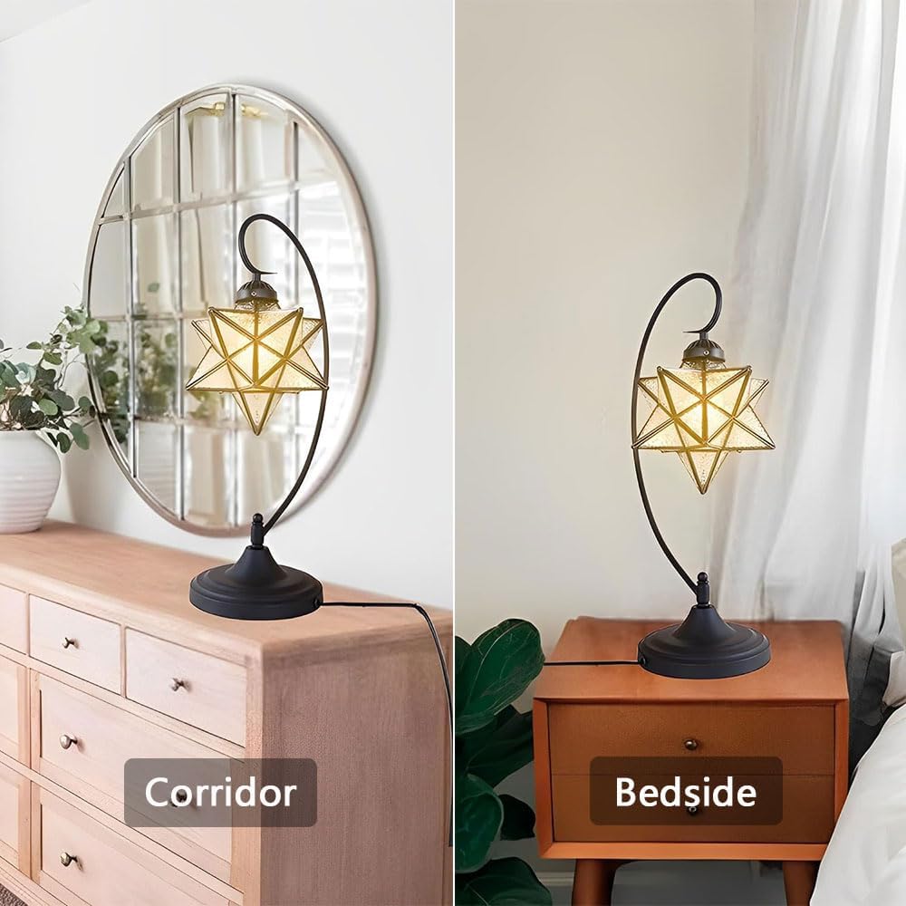 Glass Desk Lamps, Plug in Black Desk Lamp Fixture Retro Library Table Lamp with Pull Chain, Mid-Century Glass Star Lights for Office Study Room Bedroom Living Room