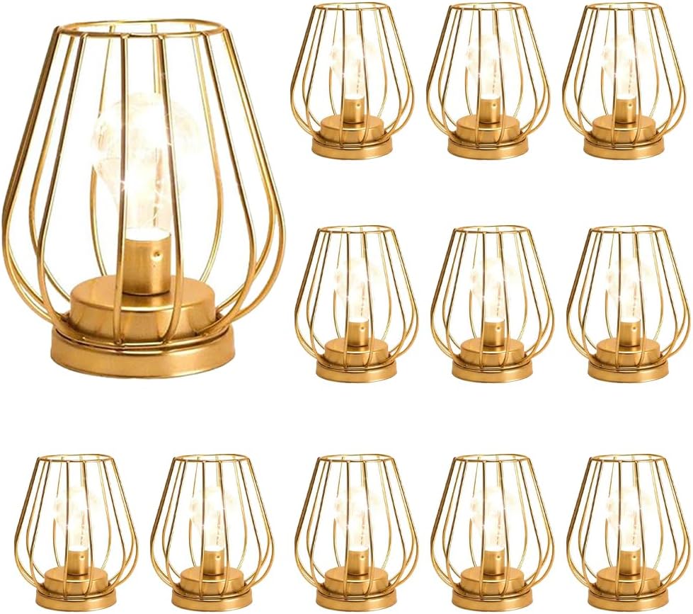 TRIROCKS Set of 12 Metal Battery Operated Lamp 7'' Tall Mini Cage Shape Cordless Table Lamp Battery Lanterns with Warm Fairy Lights Bulb for Patio Garden Wedding Parties Indoor Outdoor(Gold)