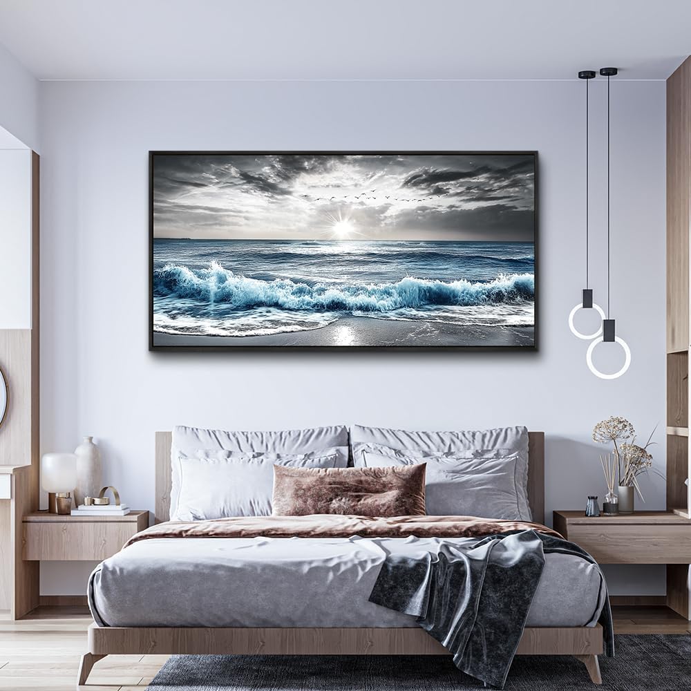 KELIYUAN Large Canvas Wall Decor For Living Room Wall Art For Bedroom Office Wall Decorations Black Frame Beach Wave Scenery Pictures Artwork For Modern Stretched and Framed Beach Posters 24'X48'