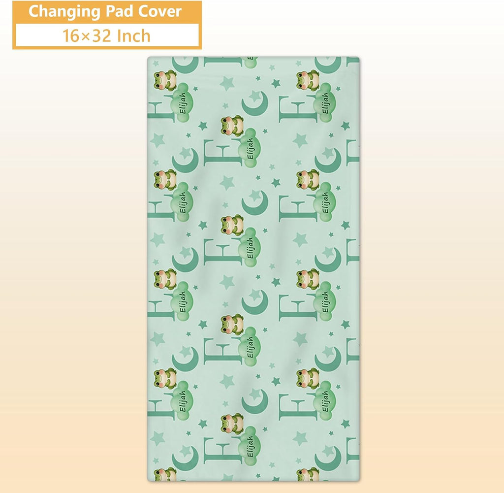Terwex 5 Piece Customized Crib Bedding Set for Baby Boys - Custom Name Baby Crib Green Frog Nursery Bedding Set with Soft Blanket, Fitted Sheet, Rug, Personalized Gifts for Toddler, Newborn, Infant