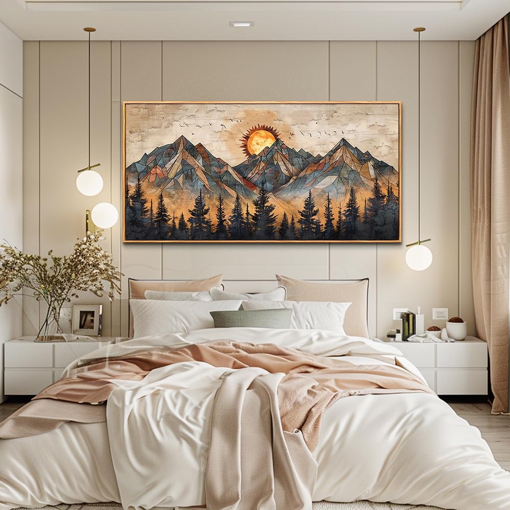 ZUITINGHUA Wood Framed Abstract Wall Art For Living Room Large Canvas Wall Decor For Office Bedroom Decorations Boho Wall Pictures Mountain Landscape Paintings Modern Home Mural Artwork 30x60 In