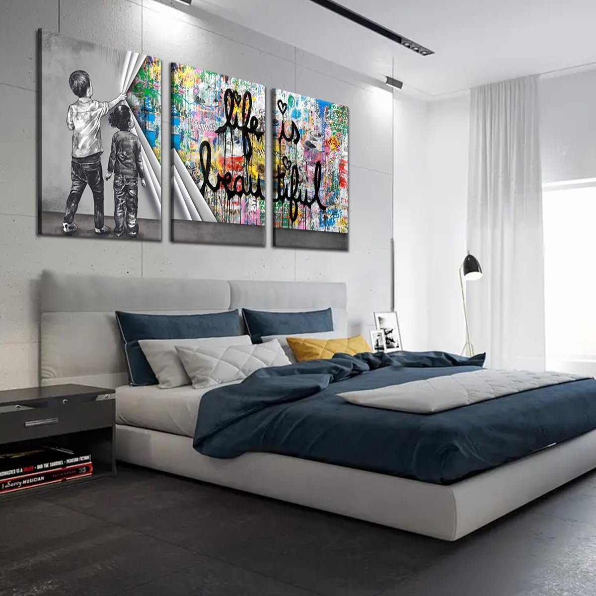 Novatique Banksy Canvas Wall Art for Living Room Modern Graffiti Wall Art Behind the Curtain Colorful Wall Decor for Living Room Bathroom,24' x 36' x 3pcs