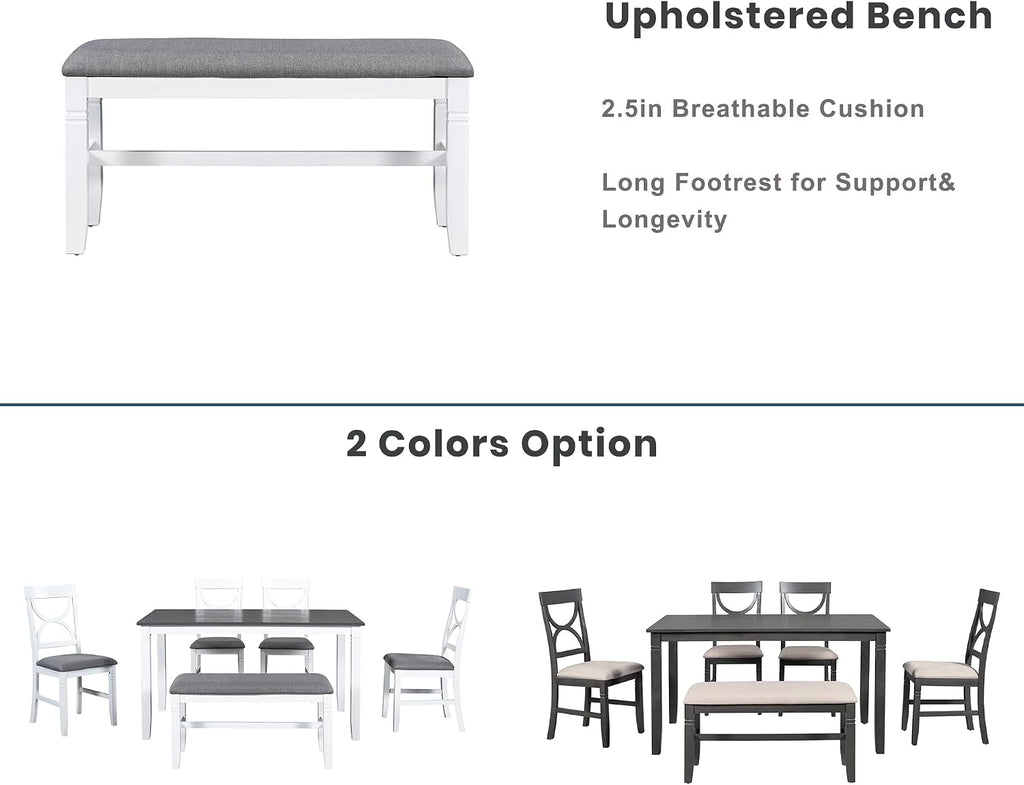 Farmhouse 6-Piece Dining Table Set, Wood Kitchen Dining Room Table Set with Upholstered Bench and 4 Dining Chairs, 60'' Rectangle Dining Table with Decoration Legs, Perfect for Family (White-K)