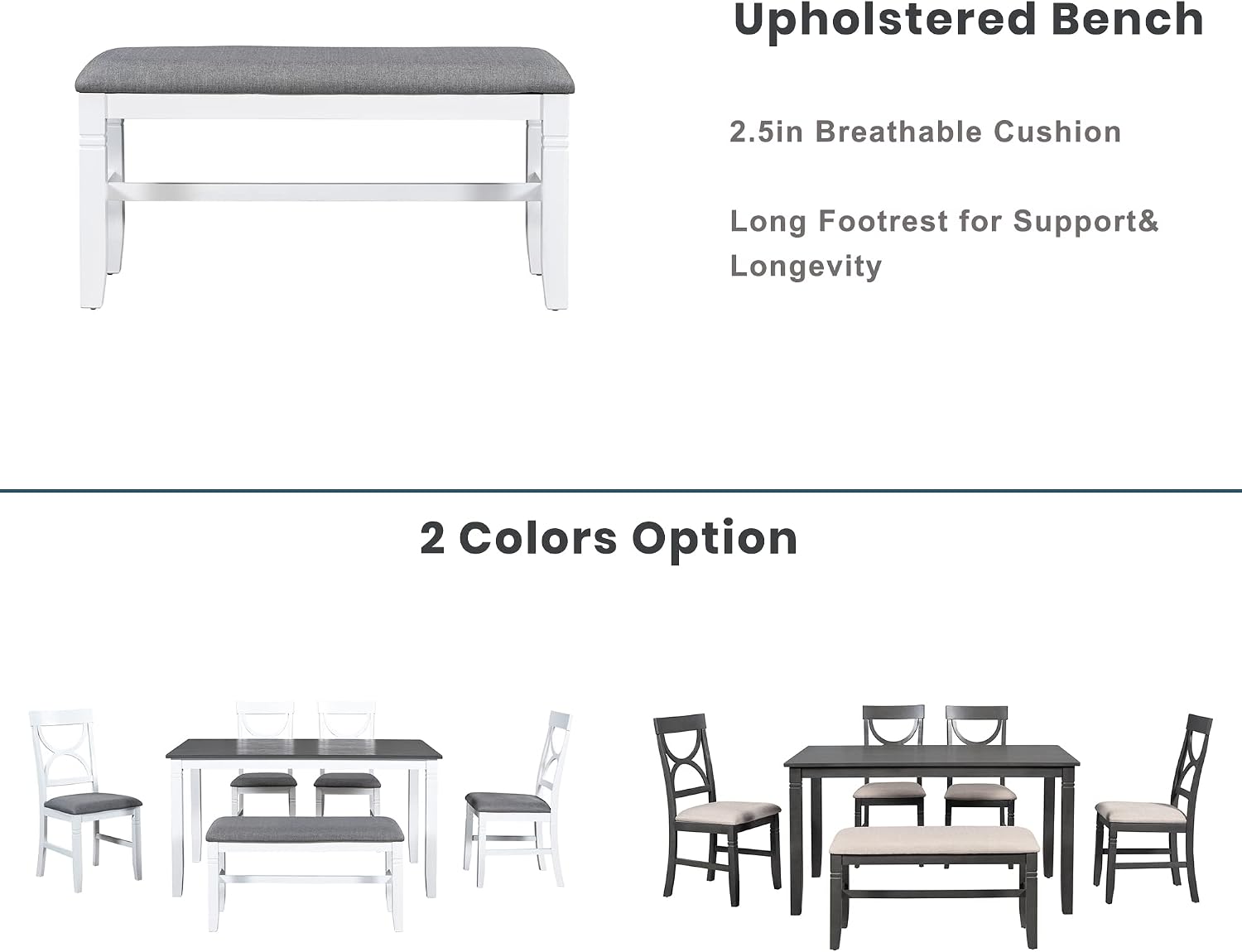 Farmhouse 6-Piece Dining Table Set, Wood Kitchen Dining Room Table Set with Upholstered Bench and 4 Dining Chairs, 60'' Rectangle Dining Table with Decoration Legs, Perfect for Family (White-K)