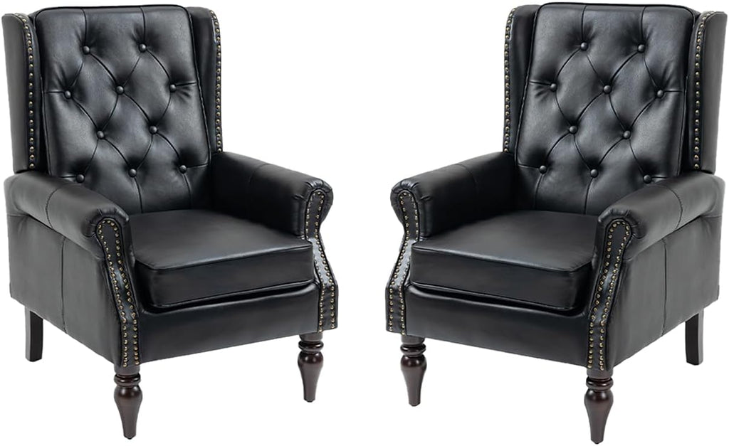 Mid-Century Wingback Chairs Set of 2,Faux Leather Accent Chairs Armchair with Buttons,Modern Living Room Chairs with Rivet Decoration,Single Sofa Chair for Bedroom,Club,Home Reception (Black)