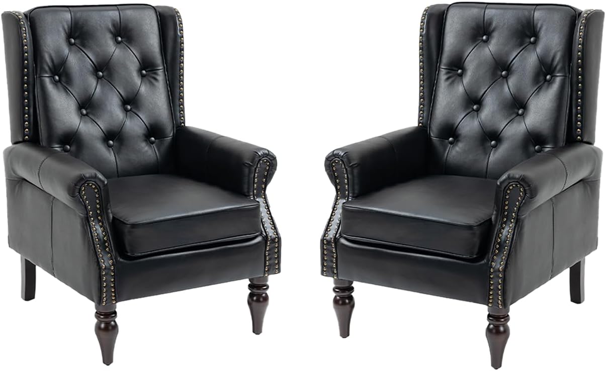 Mid-Century Wingback Chairs Set of 2,Faux Leather Accent Chairs Armchair with Buttons,Modern Living Room Chairs with Rivet Decoration,Single Sofa Chair for Bedroom,Club,Home Reception (Black)