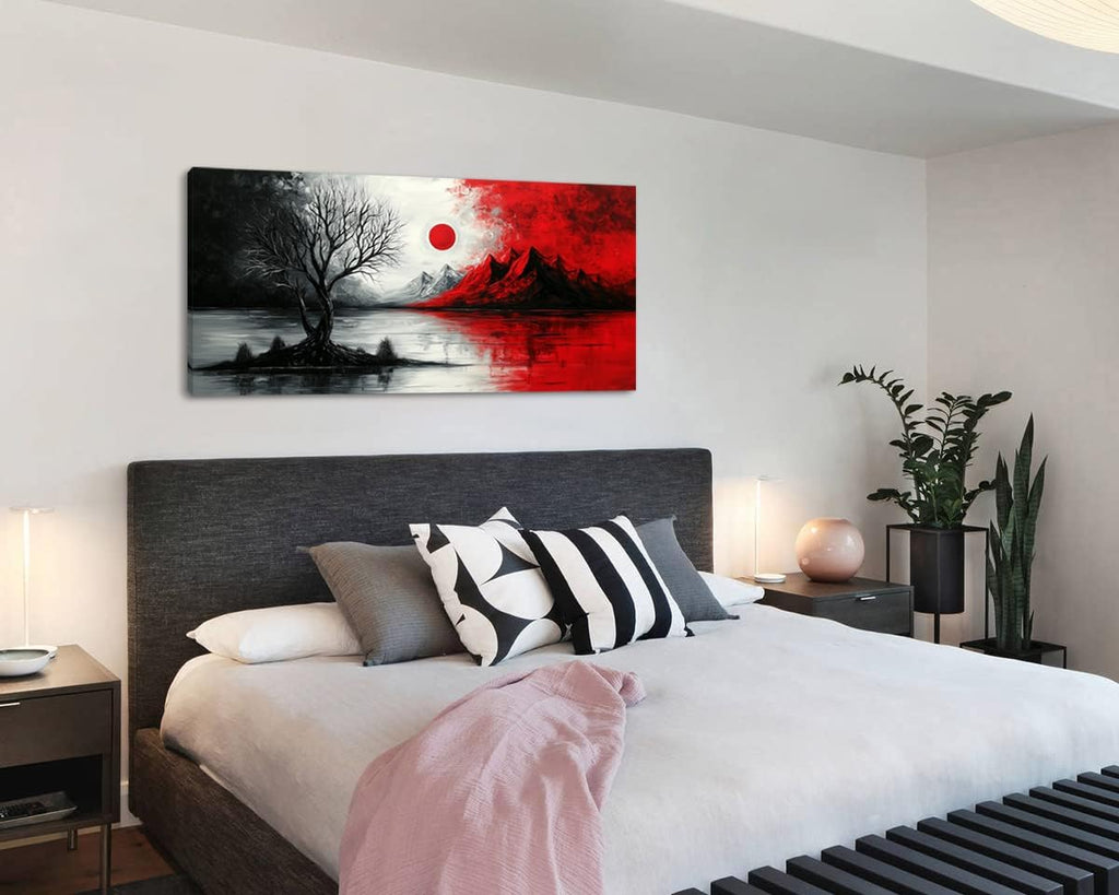 GAFSING Modern Abstract Canvas Wall Art, Black & Red Cloud Tree, 28x58inch, Living Room, Bedroom Decor