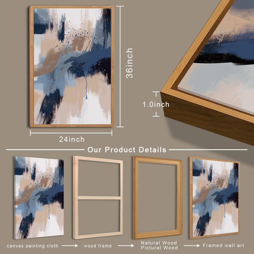 Extra Large Blue Neutral Wall Art Modern Abstract Wall Painting Framed Blue Artwork Abstract Blue Wall Decor Modern Abstract Art Prints Neutral Abstract Paintings for Living Room Bedroom Office 24x36 Inch Set of 3