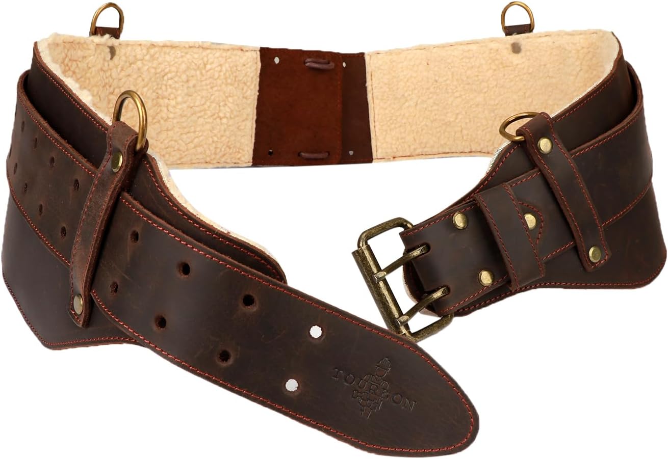 Tourbon Leather Construction Work Tool Belt with Suspenders for Men Faux Fleece Padded Heavy Duty Electrician's Combo Framing Carpenter Belts
