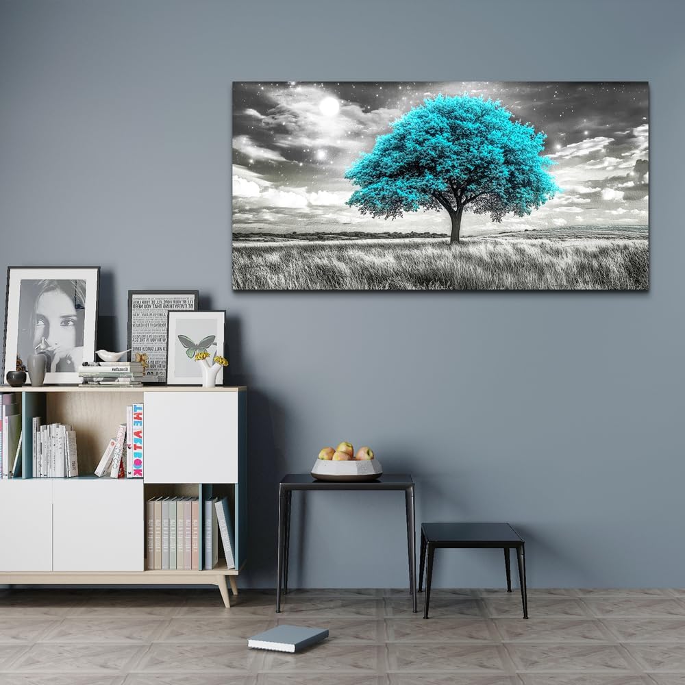 KELIYUAN Large Canvas Wall Art For Living Room Wall Decor For Bedroom Corridor Blue Tree Natural Scenery Full Of Stars Black And White Modern Printing Dining Room Kitchen Home Decoration 30 'X 60'