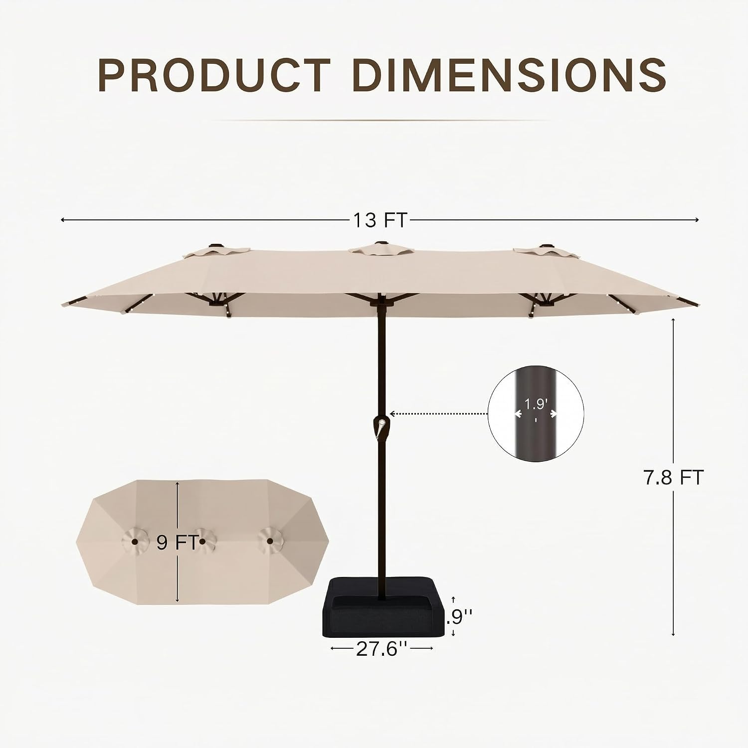 Kingdura 13ft Large Patio Umbrella with Solar Lights, Double-Sided Rectangle Outdoor Table Umbrella with Base Included, 12 Reinforced Ribs, 48 Led Lights, Crank Lift for Market Pool Deck, Beige