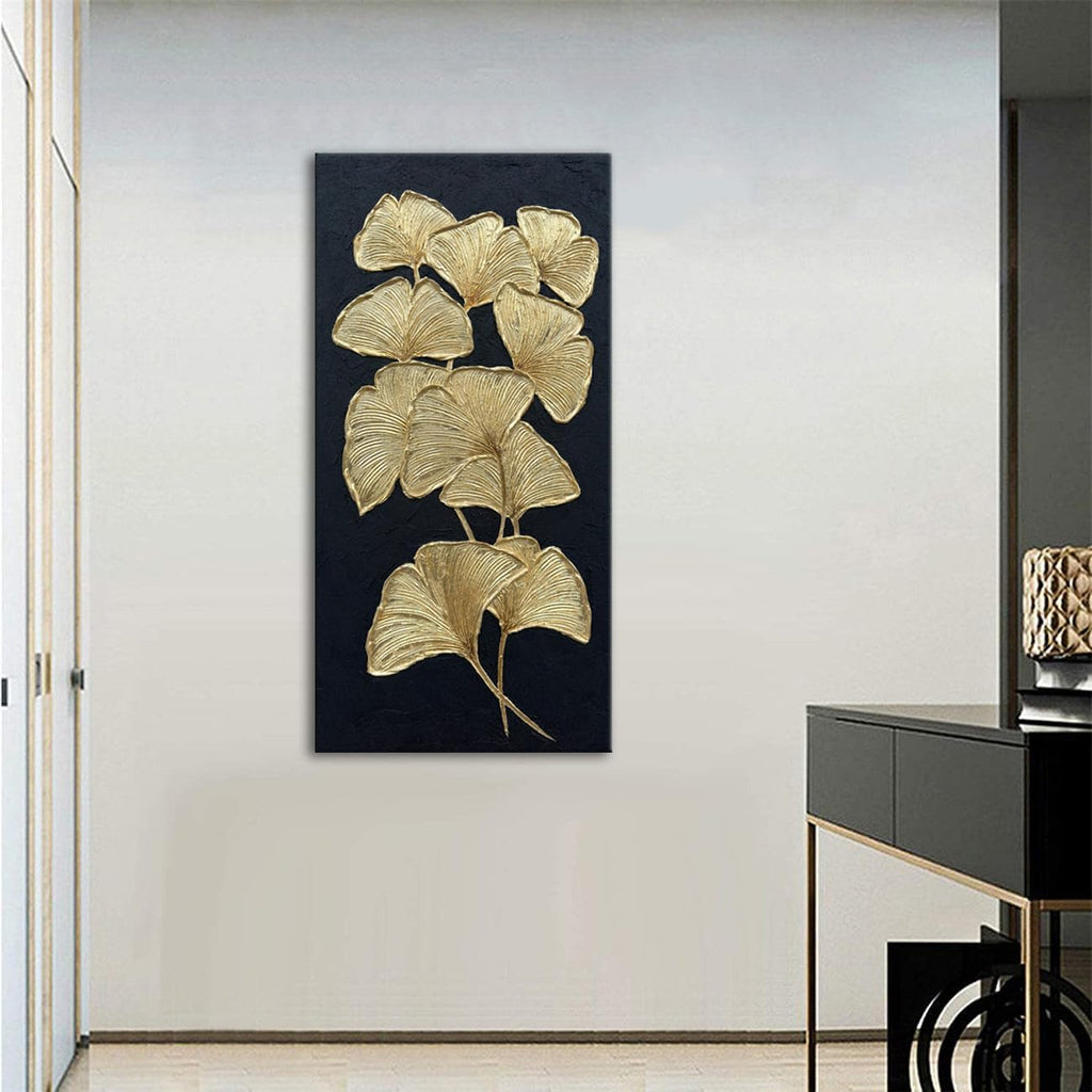 Slyart Large Gold Gingko Paintings Vertical Textured Wall Art, Gold and Black 3D Abstract Oil Painting on Canvas Wall Art Ready to Hang