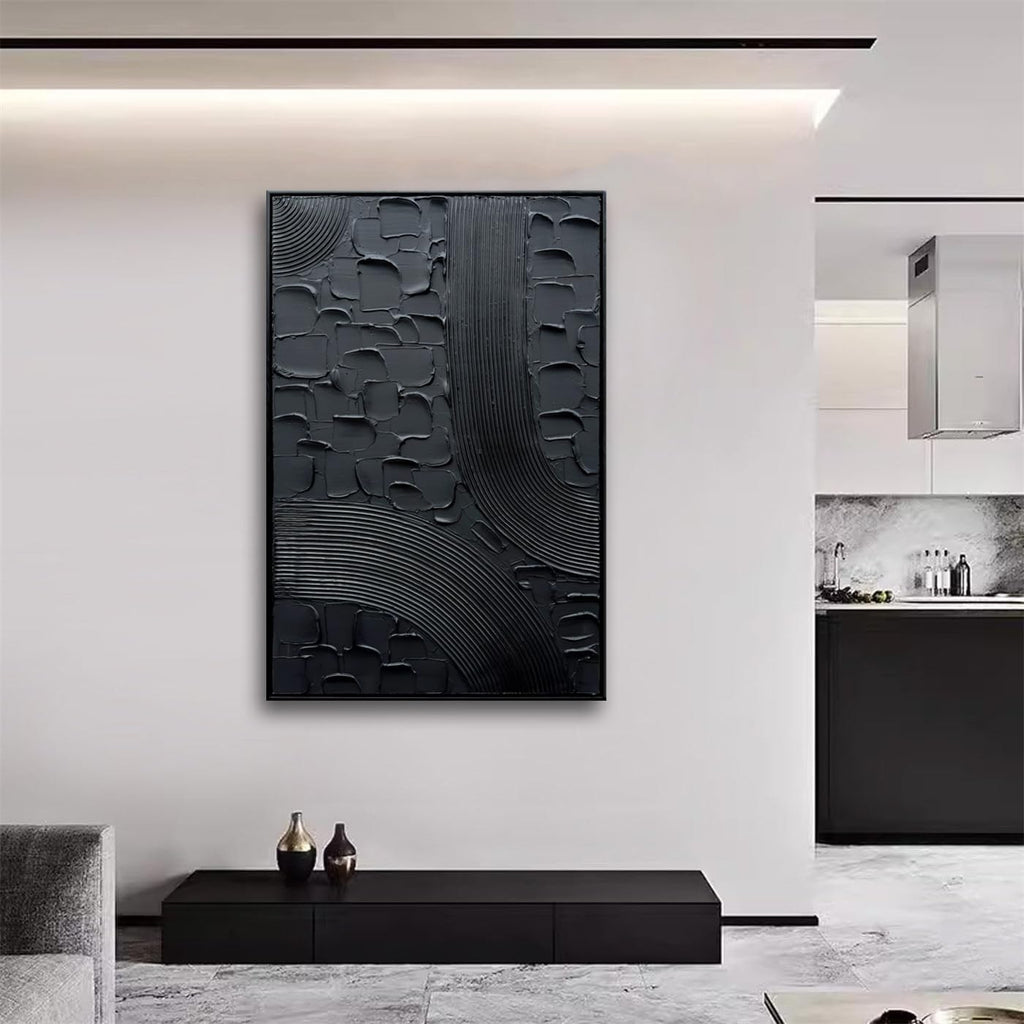 Slyart Black Textured Abstract Wall Art, Hand Painted Contemporary Minimalist Art Oil Painting, 24'x36' Framed Thick Texture Canvas Home Wall Art